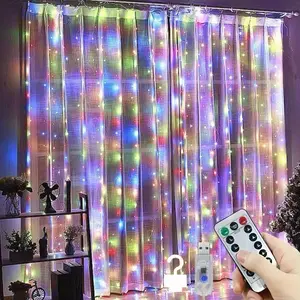 Colorful Curtain String Lights with Remote, 300 LED 3mX3m Fairy Lights with 8 Lighting Modes, USB Powered Waterproof Lights for Bedroom, Restaurants, Hotels, Wedding, Party & Festive Decor