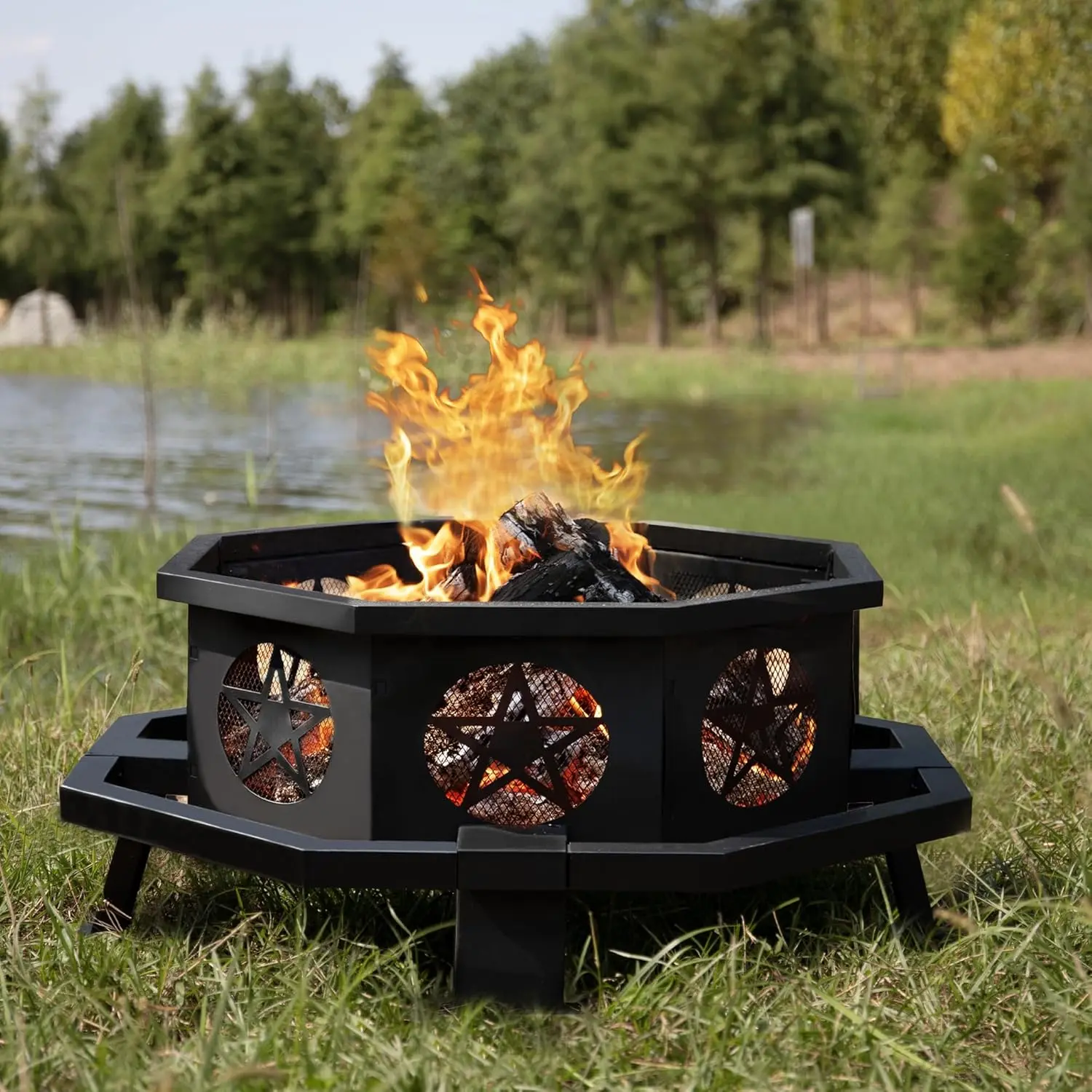 Outvue 42-Inch Metal Octagonal Outdoor Fire Pit, Heavy-Duty Wood-Burning Firepit with Star Vents for Efficient Burn, Ideal for Backyard Bonfires with Friends & Family, Outdoor Fire Pits