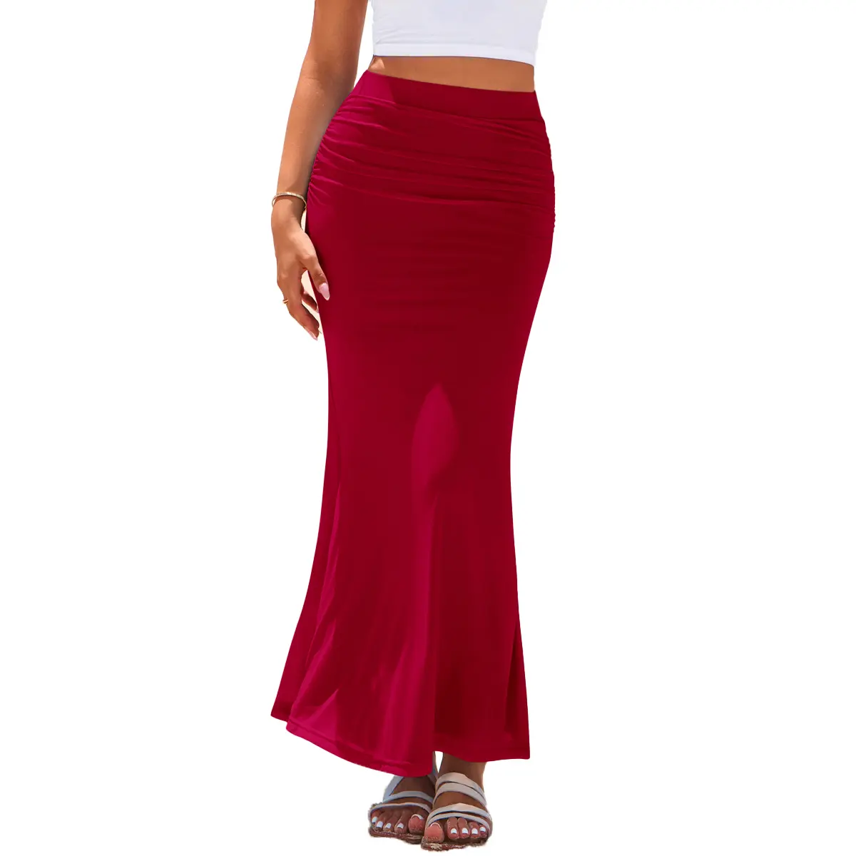 PrettyGarden Women Fitted Mesh Mermaid Skirt Spring Summer Casual High Waisted Ruched Maxi Long Bodycon Going Out Skirts