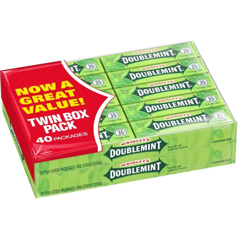 WRIGLEY’S DOUBLEMINT Classic Mint Chewing & Bubble Gum Snack - Bulk 5-Stick Packs (40-Pack Set) with Convenient Bulk Packaging - Contains Aspartame, Sugar, Glycerin, Gum Base - Youth-Friendly, Ambient Storage Compatible, 5 Sticks