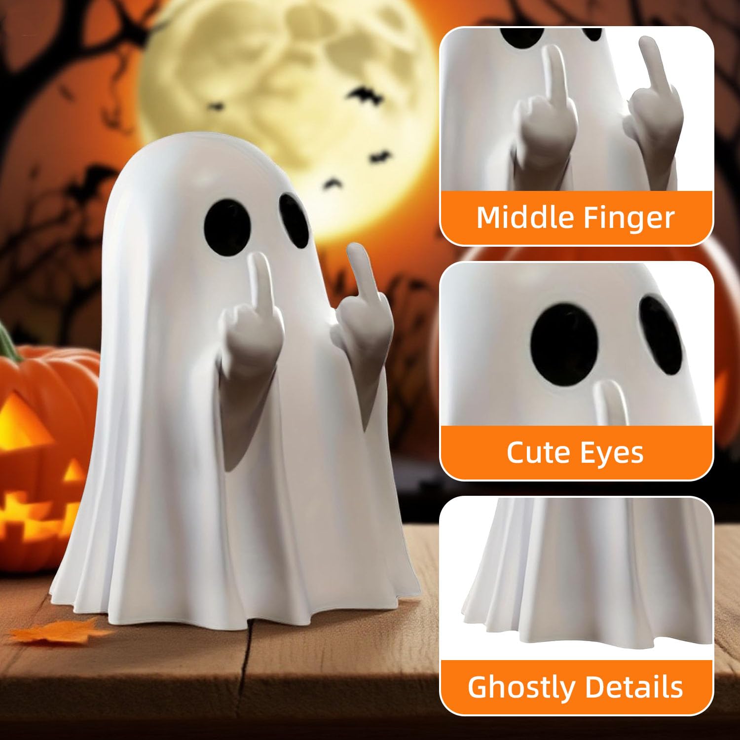 Halloween Ghost Figurine - Spooky Resin Middle Finger Statue, Cute Decor for Halloween Decorations, Porch and Indoor Spooky Home Decor