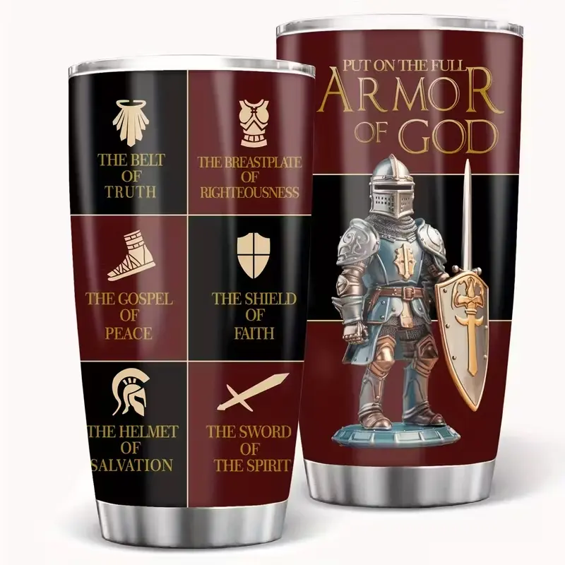 20oz Armor of God Insulated Stainless Steel Tumbler - Christian Religious Aesthetic Drinkware, Father's Day Gift for Dad, Reusable Metal Travel Coffee Mug, Hand Wash Only, Insulation