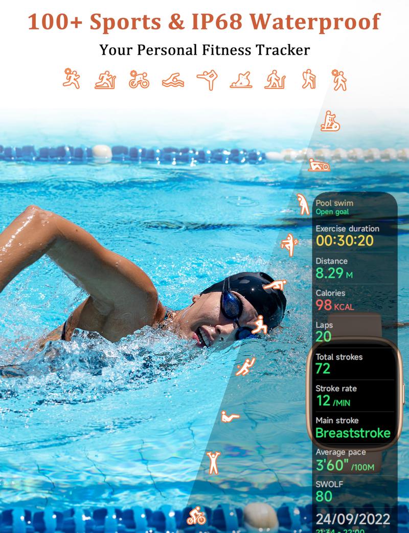 LANGSDOM Smart Watch for Women and Men, Call and Alexa with SMS Push, Answer Calls, Voice Assistant, Sports Watch 100+ Sports Modes for Android and iPhone Sports Smart Watch Wearable Adjustable Automatic Button Monitoring Silicone Tracker Water Proof