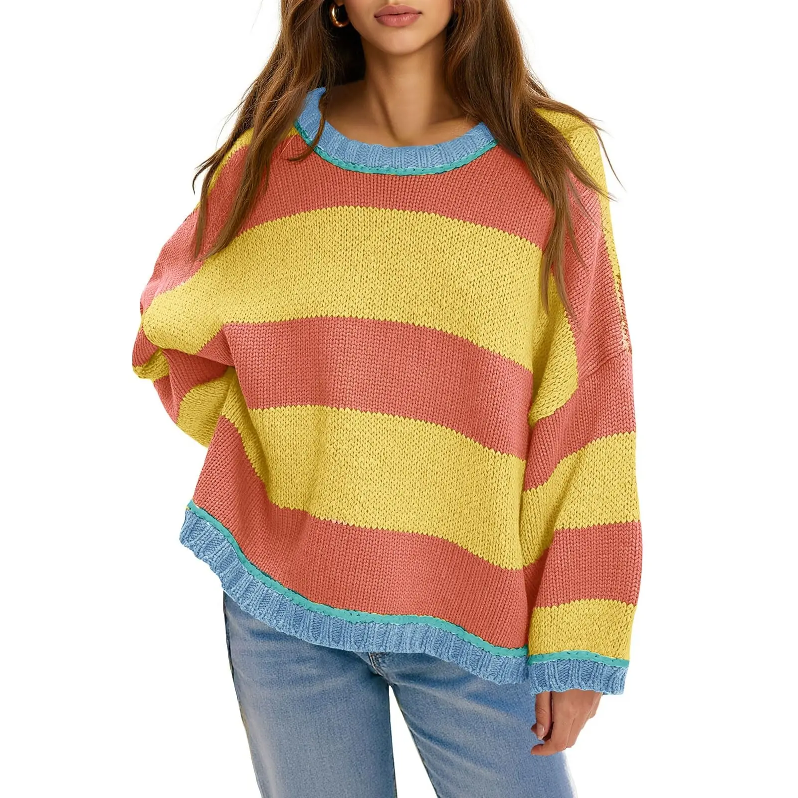 FISOEW Womens Oversized Sweaters Casual Long Sleeve Color Block Crewneck Knitted Loose Fall Pullover Tops Womenswear Knitwear Fit Comfy #TikTokShopHolidayHaul Soft Overall Everyday,back to school,back to school shopping