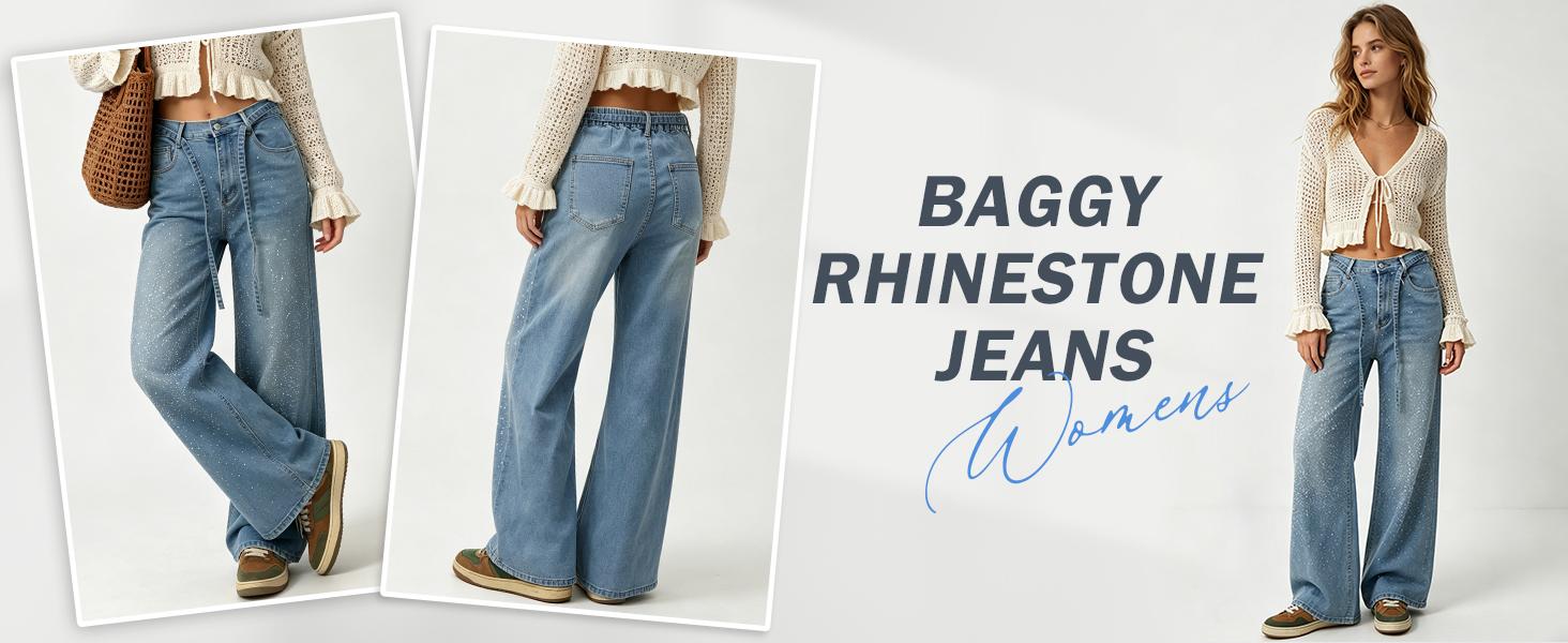 Product detail overview of Women's Relaxed Rhinestone Denim Wide-Leg Jeans