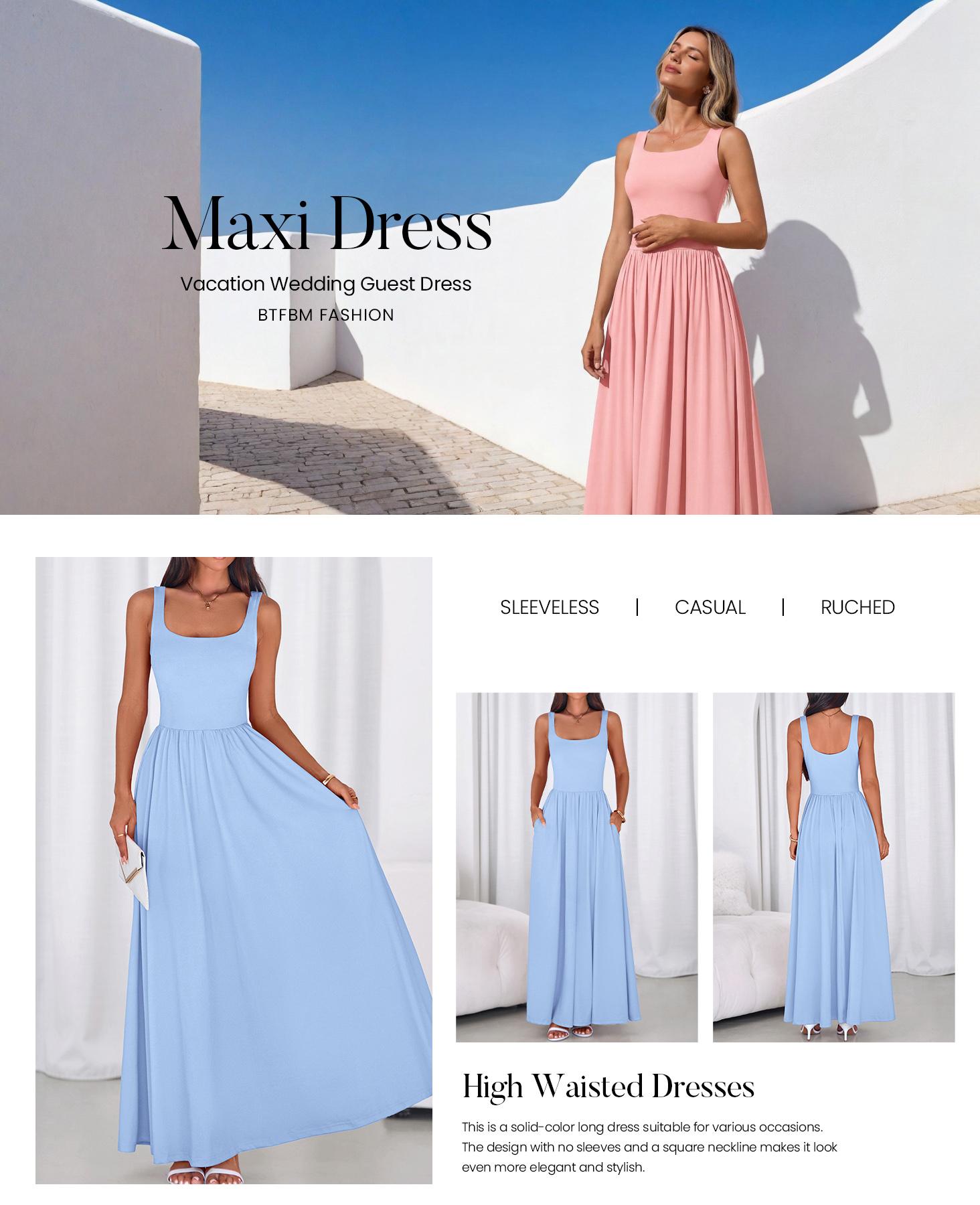 BTFBM Summer Dresses for Women 2026 Maxi Casual Square Neck Flowy Long Sundress Spring Wedding Guest Cocktail Dress