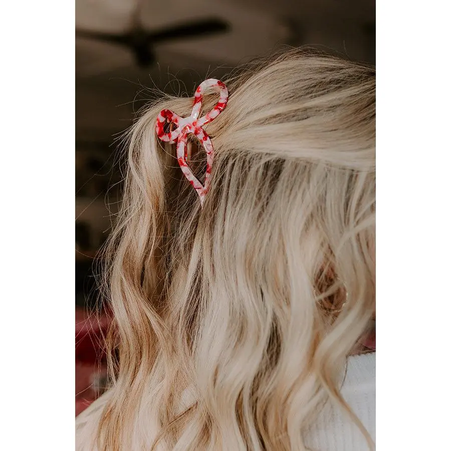 Coquette Cutie Bow Hair Claw Clip in Red Marble