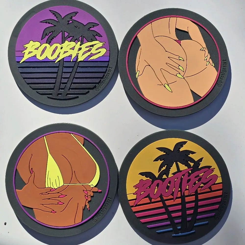 Vices Babes Tableware Kitchen Coasters Set - 4-Pack Double-Sided 3 Inches in Diameter, with Booties, Boobies, Palm Tree Designs, Round Detachable Placemats & Coasters for Drink & Tabletop Protection