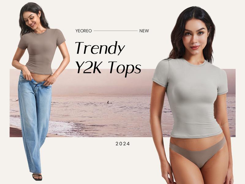 YEOREO Women Fitted Workout Tops Short Sleeve Double Lined Basic Y2K Going Out Crew Neck Compression Crop Top