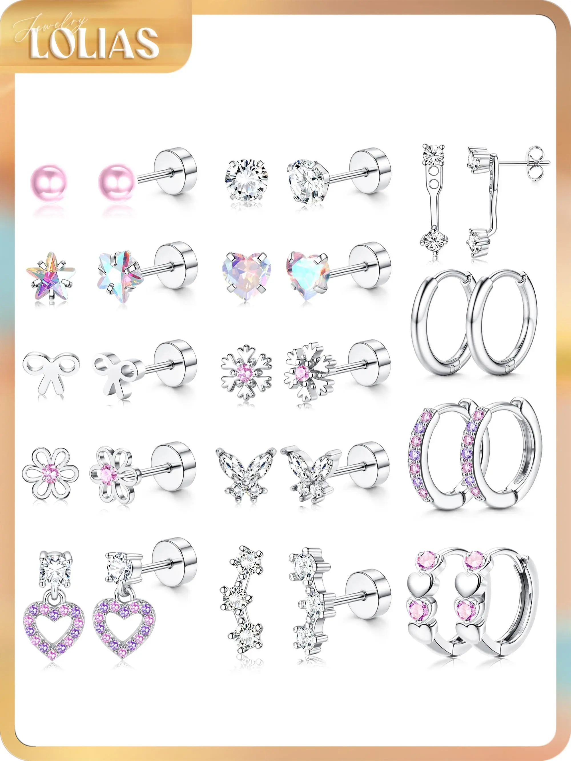 LOLIAS Hypoallergenic Flat Back Earrings for Women Girls-Surgical Stainless Steel Earrings for Sensitive Ears-Cute Flatback Stud Earring Set Small Hoops Cartilage Earring Stacks