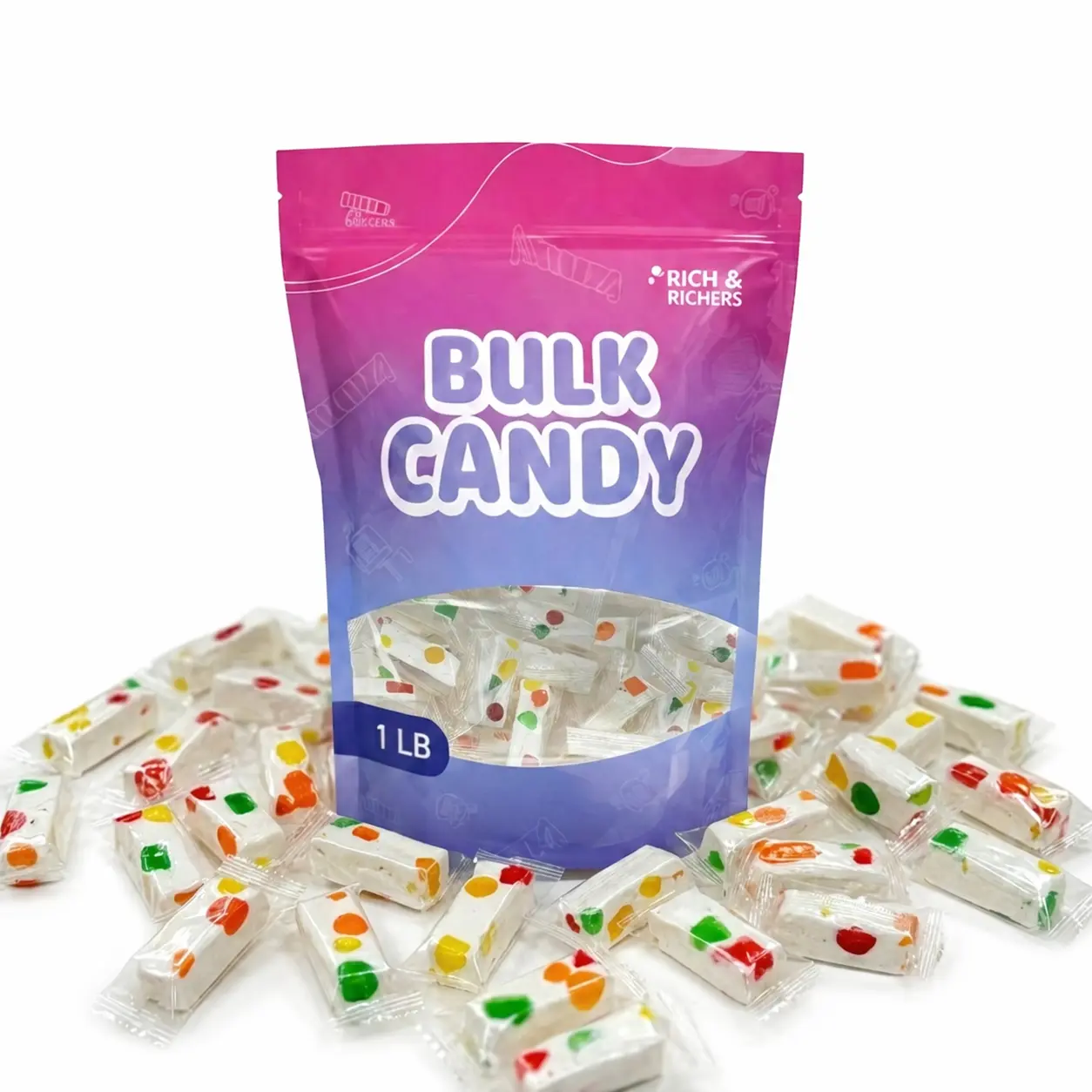 Rich & Richers Old Fashioned Jujube Nougat 1 Lb Creamy Soft Nougat with Fruity Jelly Gems Individually Wrapped Bulk Candy Deliciously Chewy Retro Snack Resealable Bag Sweet Bonbon
