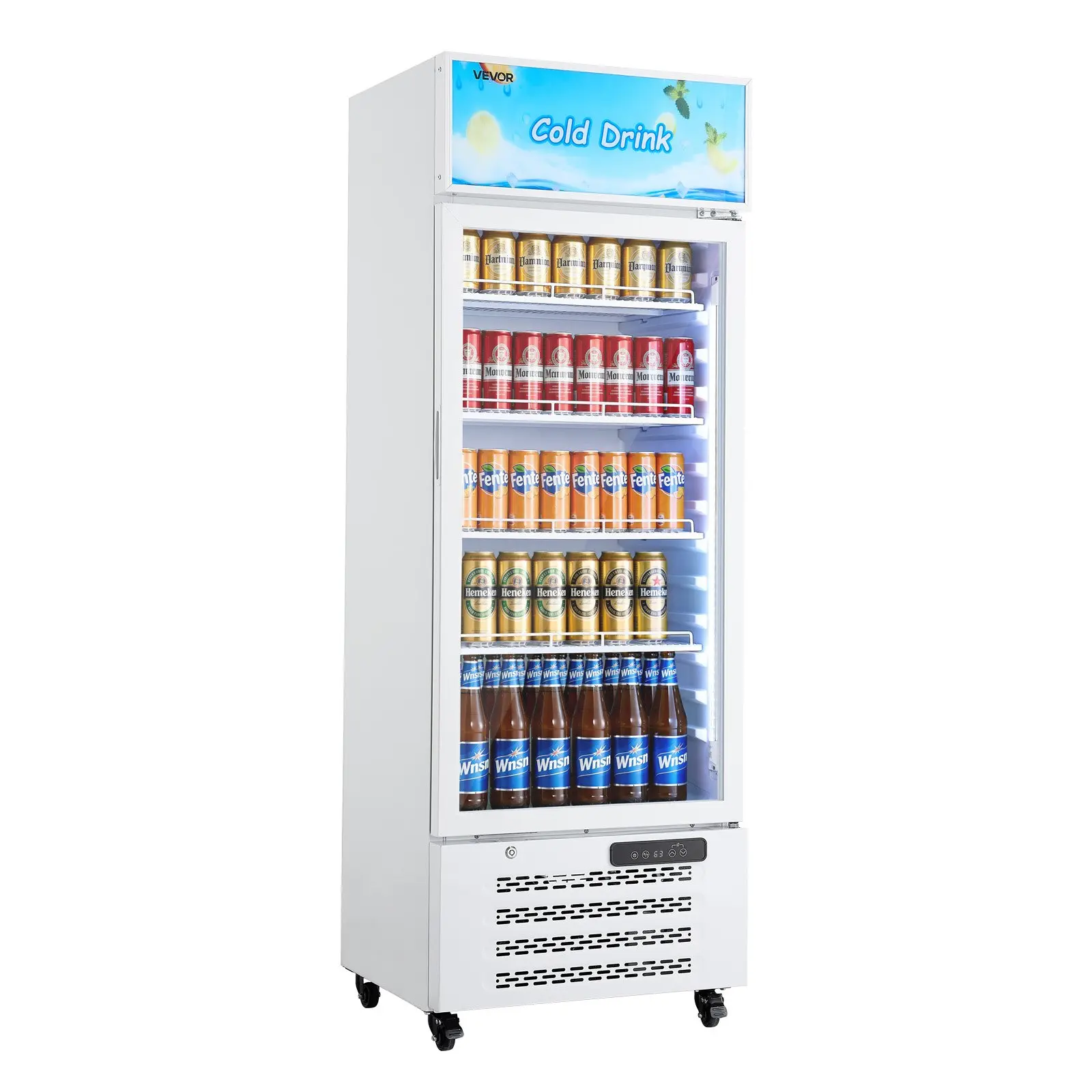 【Summerfinds】VEVOR 9.6 cu.ft/273L Commercial Compressor Beverage Refrigerator with Tempered Glass Door, 23.4x22.2x68.3 in Upright Merchandiser for Shops & Bars, Auto Defrost, Customizable Lightbox, 4 Adjustable Shelves, Soft LED Lighting, 123.5 lbs, Shelf
