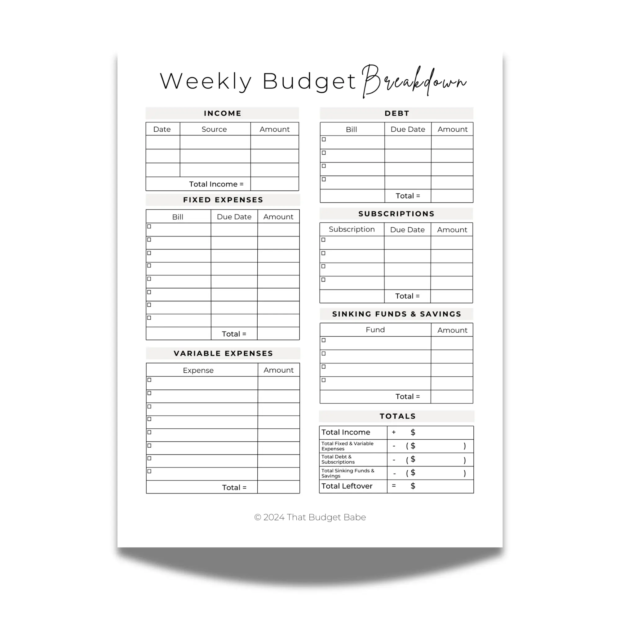 Weekly Budget Breakdown Pad for Weekly Budgeting and Weekly Paychecks, 25 pages of Budgeting Templates