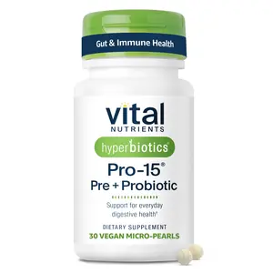 Hyperbiotics Vital Nutrients Pro-15 Prebiotics and Probiotics for Women and Men | 15 Science Backed Strains | Supports Occasional Constipation Diarrhea, Gas, Bloating | 30 Micro-Pearls (30 Day Supply)