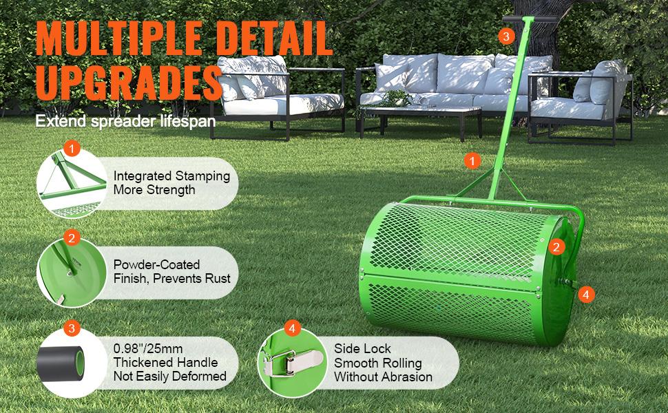 VEVOR Compost Spreader and Peat Moss Spreader,  24" Push/Tow-Behind Roller Lawn Spreader with Height Adjustable T Shaped Handle, Steel Mesh Basket Garden Spreader for Spreading Manure Topsoi