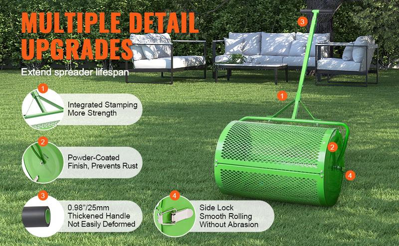 VEVOR Compost Spreader and Peat Moss Spreader,  24" Push/Tow-Behind Roller Lawn Spreader with Height Adjustable T Shaped Handle, Steel Mesh Basket Garden Spreader for Spreading Manure Topsoi