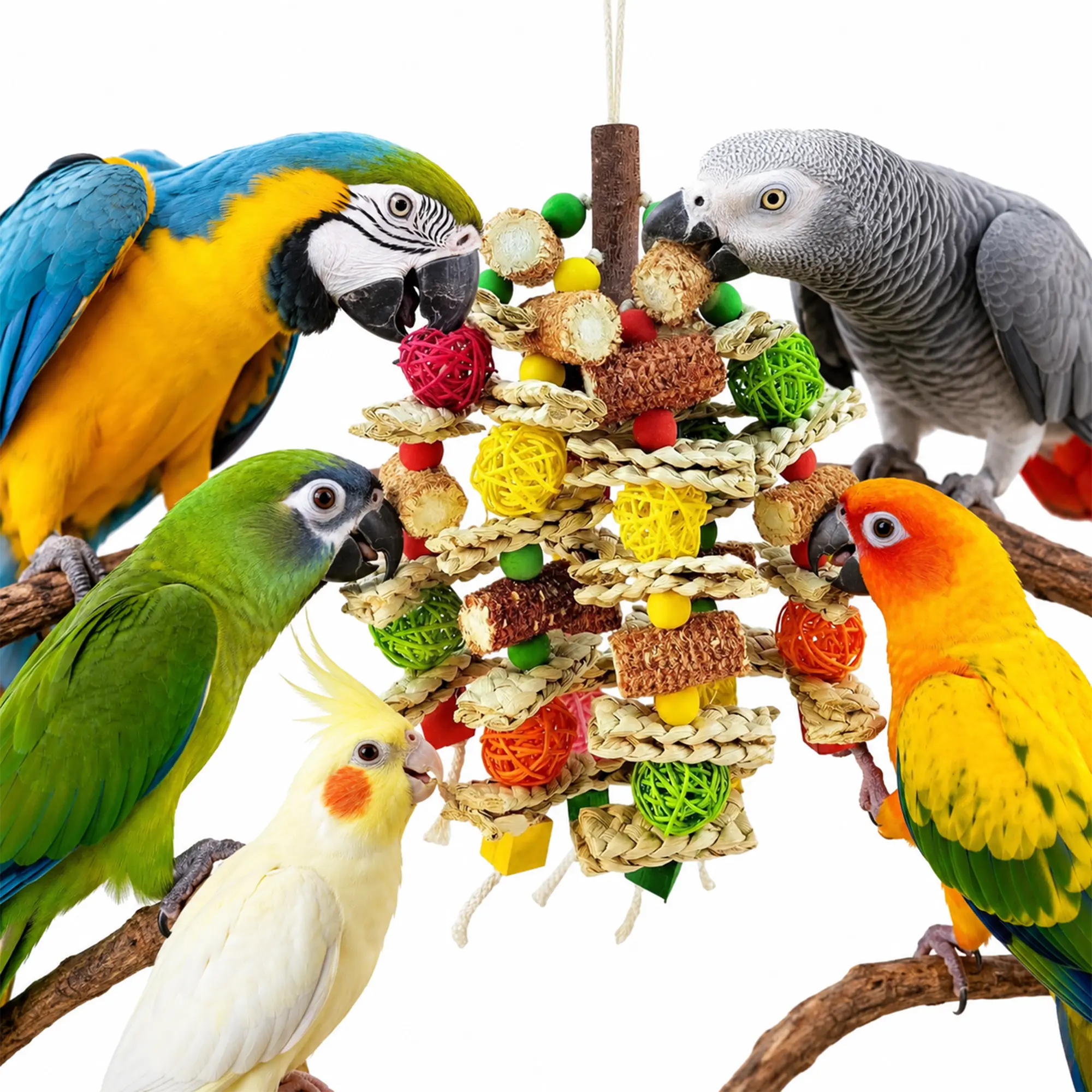Parrot Chew Toy, Natural Material Bird Foraging Toy for Conures, Quaker Parrots, Medium-Sized Birds - Colorful Hanging Shredding Toy with Woven Ball, Corn Cob and Wooden Beads