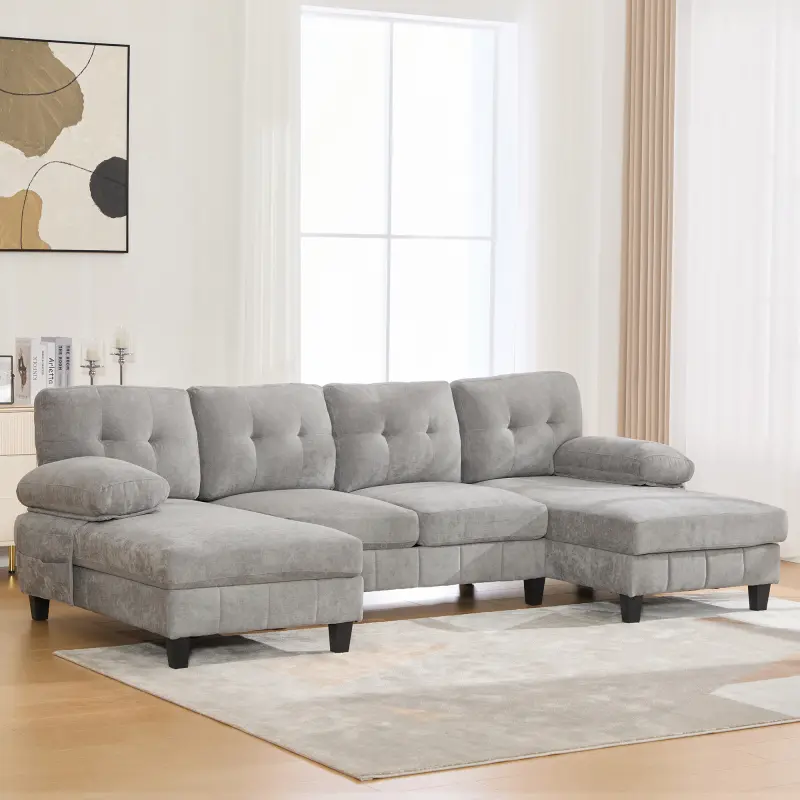 [SOIYELIFE] U-shaped Sectional Sofa 103.5" Chenille Fabric Couch with Dual Chaise Lounges, Storage Pockets and Armrest Pillows for Living Room, Grey  Fine furniture couches