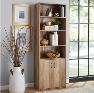 Traditional 5 Shelf Bookcase with Doors, Weathered Oak Finish Traditional 5 Shelf Bookcase with Doors, Weathered Oak Finish