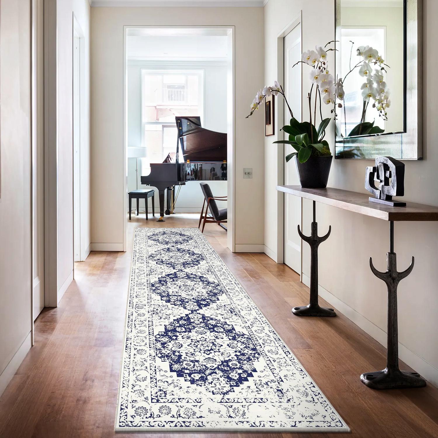 LOKHOM Vintage Non-Slip Floor Runner Rug Soft Farmhouse Medallion Rug Washable Easy to Clean Rugs for Hallway Kitchen Bedroom Entryway Laundry Room 0.4-inch Thick Premium Faux Wool Ultra Soft Resilient Against Wear and Tear Stain-Resistant