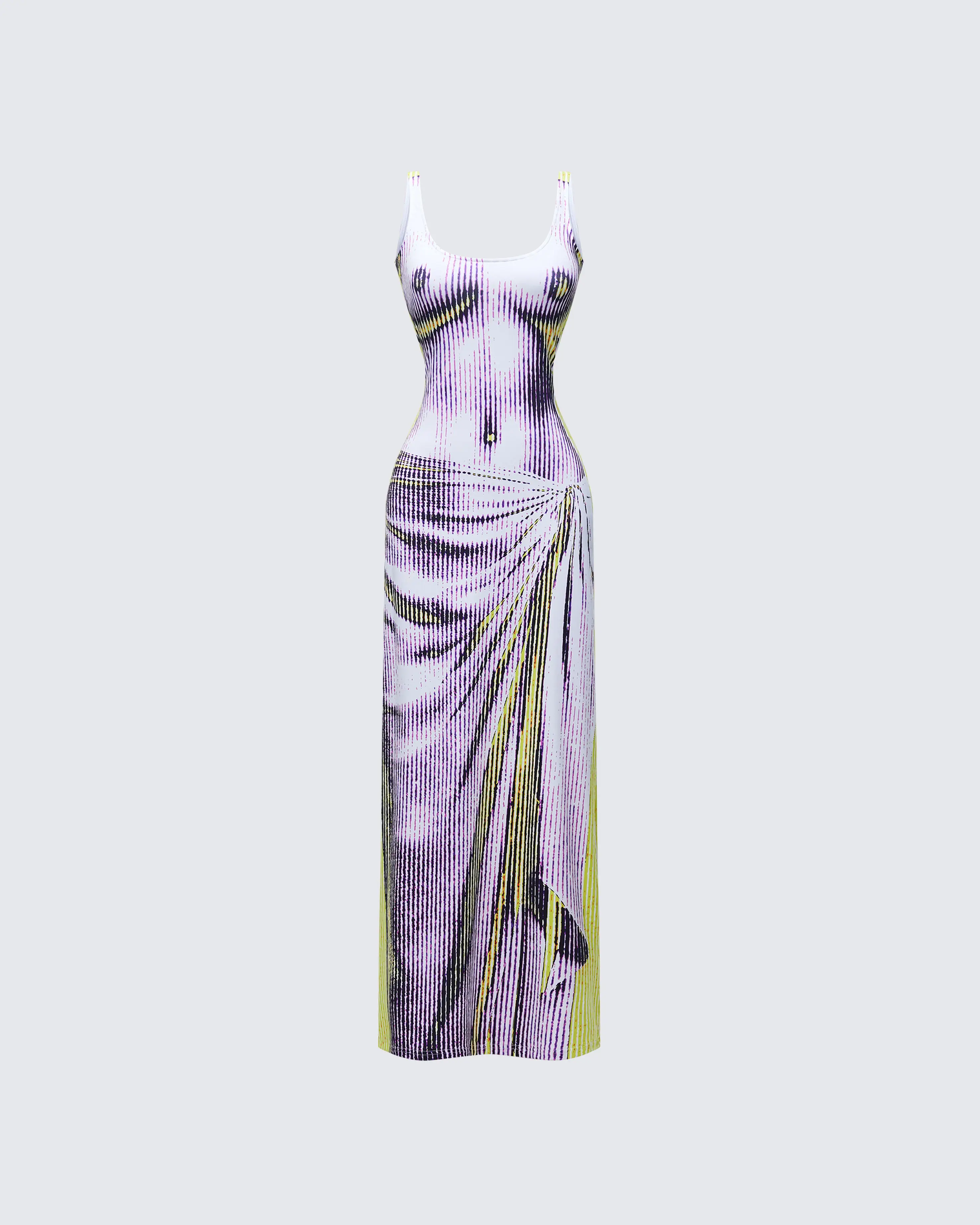 Women's Casual Maxi Dress in a Polyester Spandex Optical Illusion Stripe Print with a Side Tie Waist and Asymmetrical Hem
