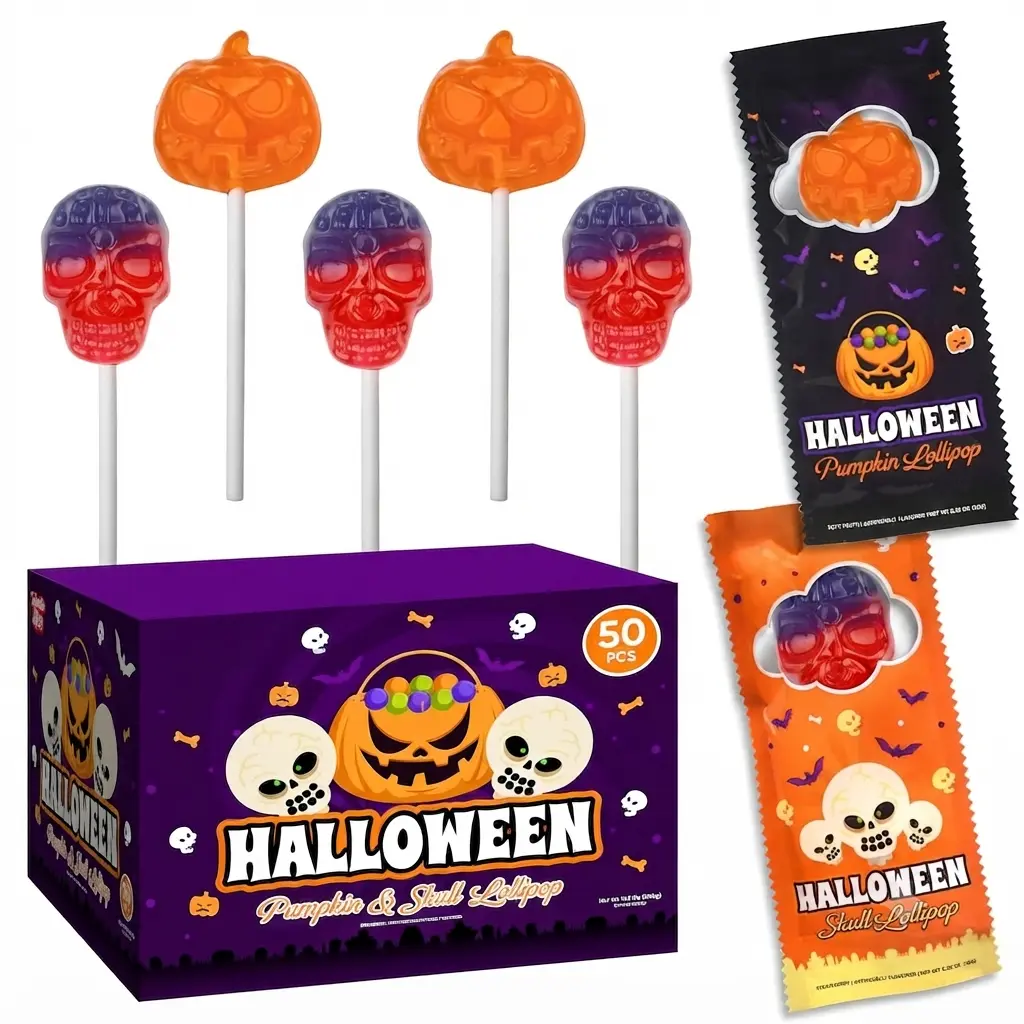 50 Pack Bulk Halloween Lollipops - Individually Wrapped Pumpkin & Skull Themed Candies - Strawberry & Tutti Frutti Flavors - Trick Or Treat Suckers for Kids, Party Favors, Bulk Pack, Holiday Themed
