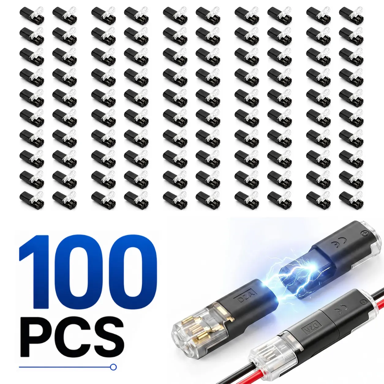 100PCS Quick Wire Connectors, 16-22 AWG No Stripping Double Wire Plug-in Connector with Locking Buckle, 2 Pin Safe Connector for LED Strip Lights, Car, Speaker, DIY, Model, Low Voltage Project