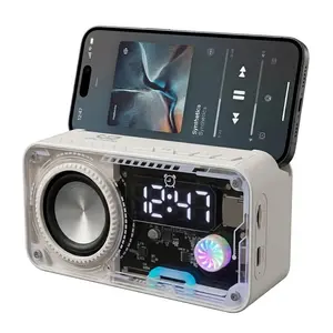 Transparent Mecha Wireless Bluetooth Speaker & Phone Holder [24H Time Format] - RGB LED Night Light, Y2K Room Decor & Gaming Desk Setup - Portable Stereo Soundsystem with Long Battery for Party, Dorm, & Perfect Tech Gift