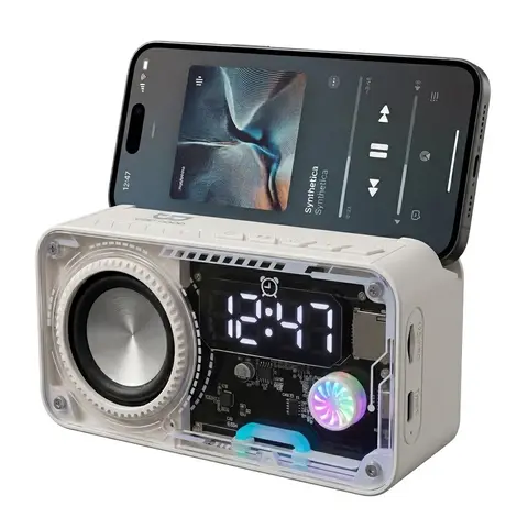 Transparent Mecha Wireless Bluetooth Speaker & Smartphone Holder - Audio Device, Desk Gadgets, Cool Room Stuff, 24H Time Format, RGB LED Night Glow Light, 10m Range, Y2K Decor, Portable, Long Battery, Geek Gift
