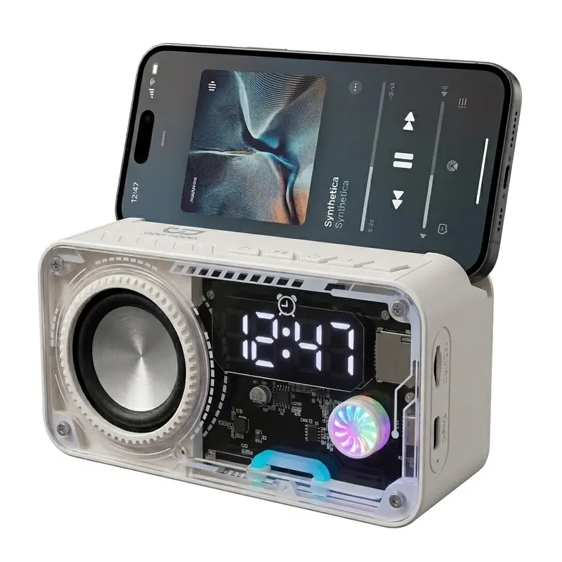 Transparent Mecha Wireless Bluetooth Speaker & Smartphone Holder - Audio Device, Desk Gadgets, Cool Room Stuff, 24H Time Format, RGB LED Night Glow Light, 10m Range, Y2K Decor, Portable, Long Battery, Geek Gift