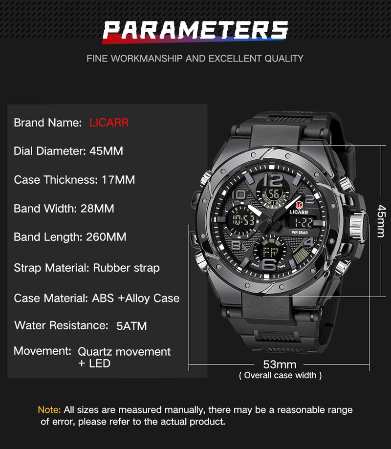 LICARR Men's Quartz Digital Watches Waterproof Alarm Luminous