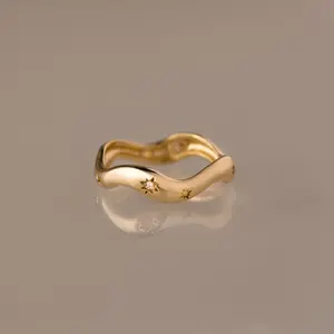 Wavy Diamond Celestial Ring by Caitlyn Minimalist - Chunky 18K Gold Plated Crystal Star Dome Ring - Statement Jewelry - Birthday Gift for Her