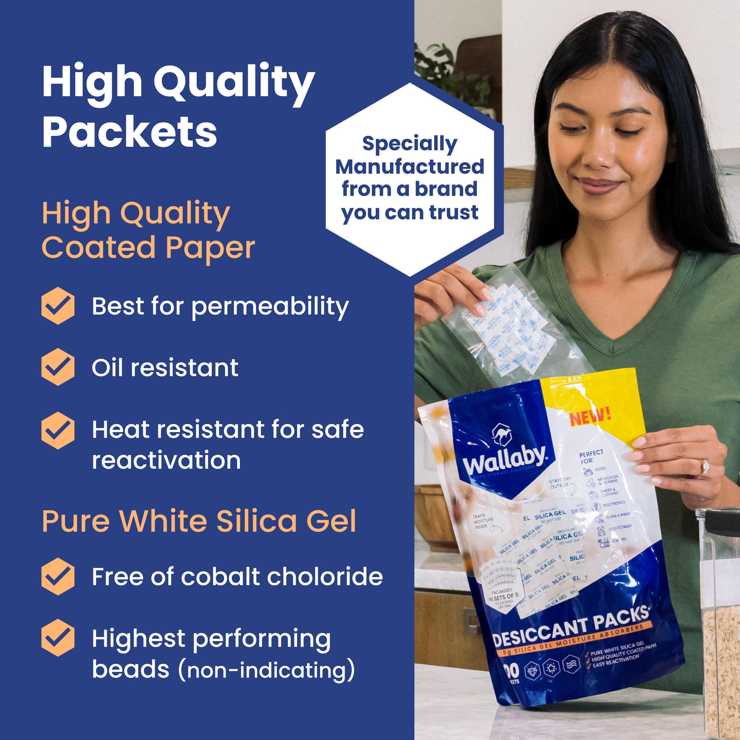 Wallaby 2 gram Silica Gel Desiccant Dehumidifier Packs (20 Packets) Food Safe Pure White - Rechargeable Moisture Absorbers Wallaby 2 gram Silica Gel Desiccant Dehumidifier Packs (20 Packets) Food Safe Pure White - Rechargeable Moisture Absorbers