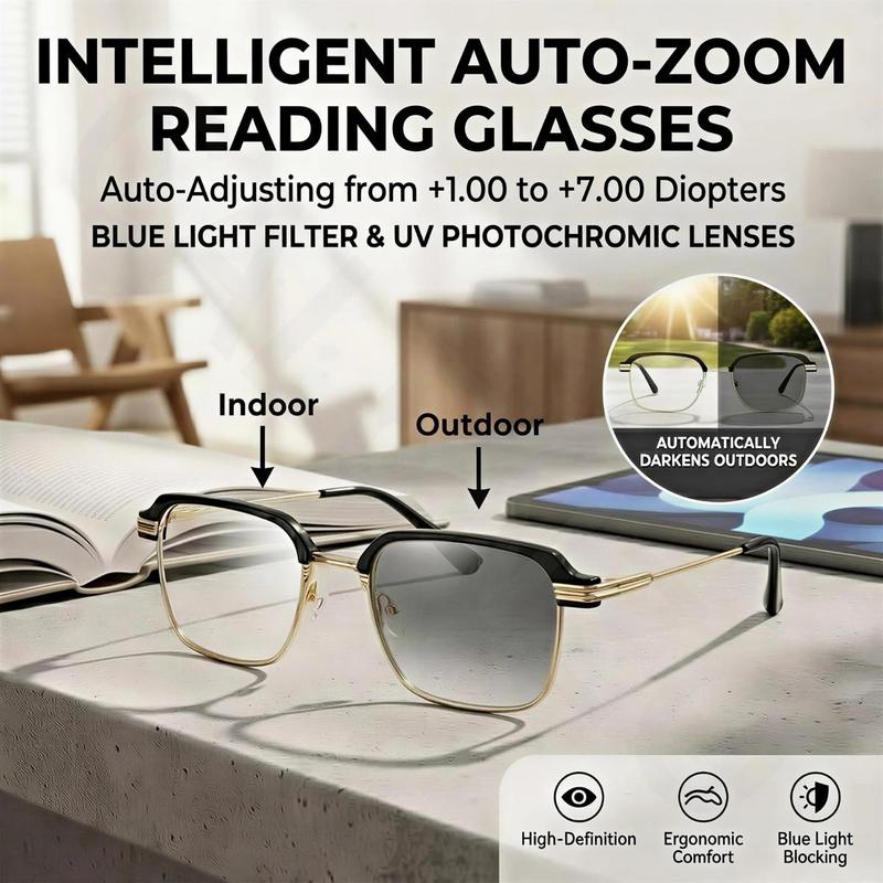 Smart Zoom Frameless Reading Glasses Auto Focus Multifocal Blue Light Filter UV Sun Protection Soft Silicone Nose Pads, HD Vision for Phone & Computer（+1.00 to +4.00 Diopters）