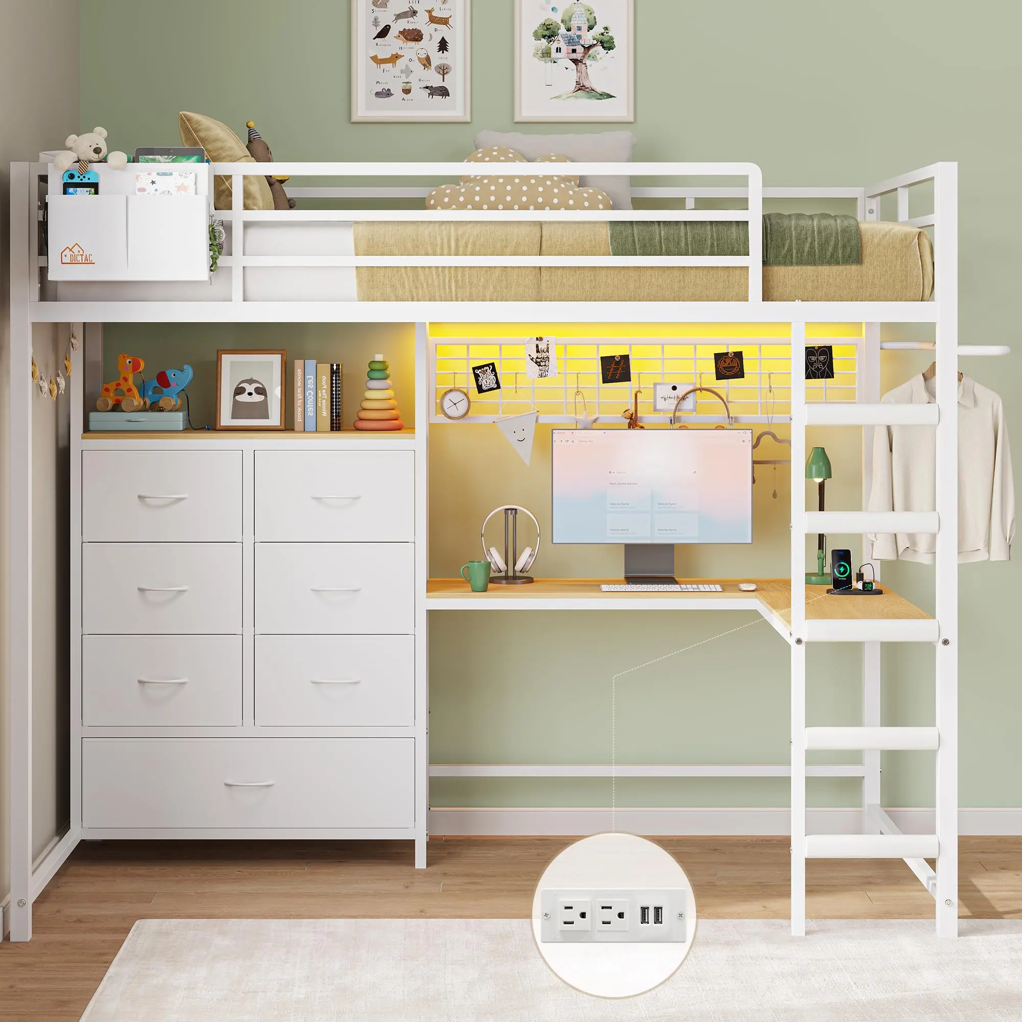 Sikaic Twin Loft Bed with L-Shaped Desk, 7 Storage Drawers, LED Lights & Charging Station, Metal Loft Bed with Safety Guardrail & Ladder, No Box Spring Needed, Home Furniture Christmas Gifts [SohoChic]