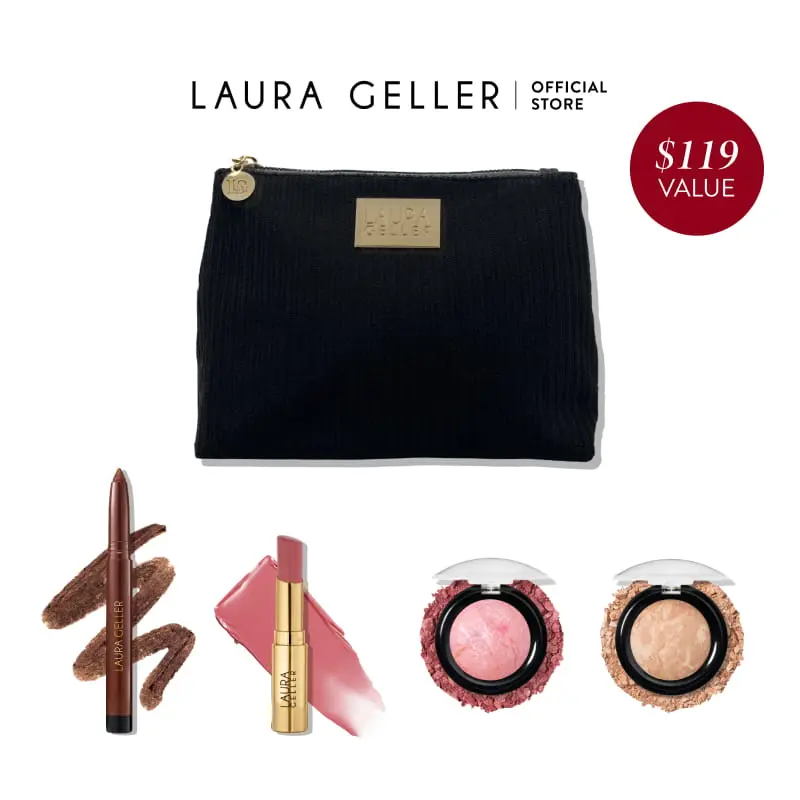 Laura Geller Travel-Sized Sampler Kit (5PC) - Includes Makeup Bag, Jelly Balm, Travel-Sized Blush and Foundation, Eyeliner
