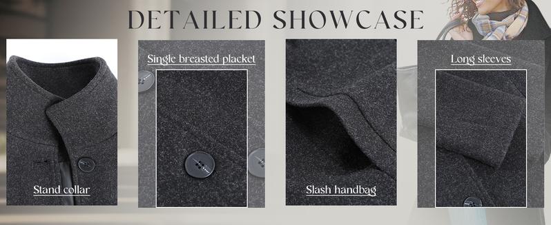 Ebossy Women's Classic Midi Pea Coat Windproof Wool Blend Stand Collar Single Breasted Fitted Winter Outerwear Jacket for Daily Wear & Outdoor Activities