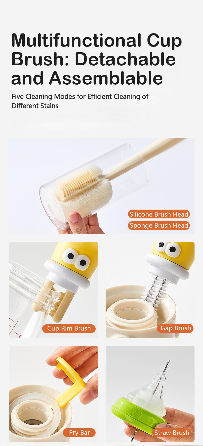 5-in-1 Multifunctional Cup Brush Set - Food-Grade Silicone & Sponge Heads | Rim/Gap/Straw Cleaner for Bottles Mugs