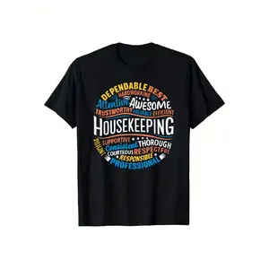 Housekeeping Appreciation Gift T-Shirt - Soft Breathable Cotton Crew Neck Tee for Hospitality Workers, Custodians, Janitors - Black with Colorful Housekeeping Words Graphic - Machine Washable Service Week Present, Tshirt Casual Crewneck