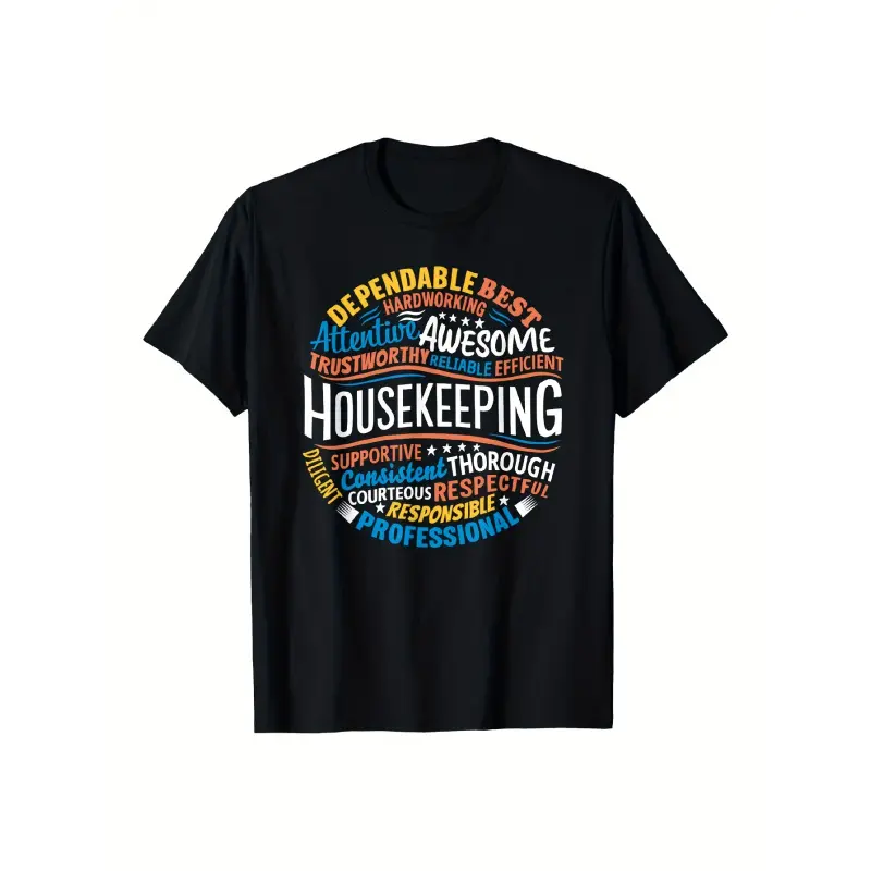 Unisex Tee Housekeeping Appreciation Gift T-Shirt - Soft Breathable Cotton Crew Neck Tee for Hospitality Workers, Custodians, Janitors - Black with Colorful Housekeeping Words Graphic -   summer top ervice Week Present, Tshirt Casual Crewneck streetwear 