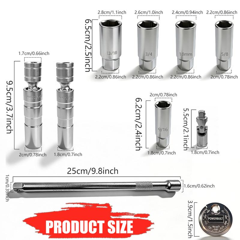 10PCS 3/8"Drive Magnetic Spark Plug Socket Set, 6PT&12PT, Include  9/16-Inch, 5/8-Inch, 13/16-Inch, 14mm,16mm,18mm,Extension Bar, Universal Joint & Spark Plug Gapper, CR-V Steel
