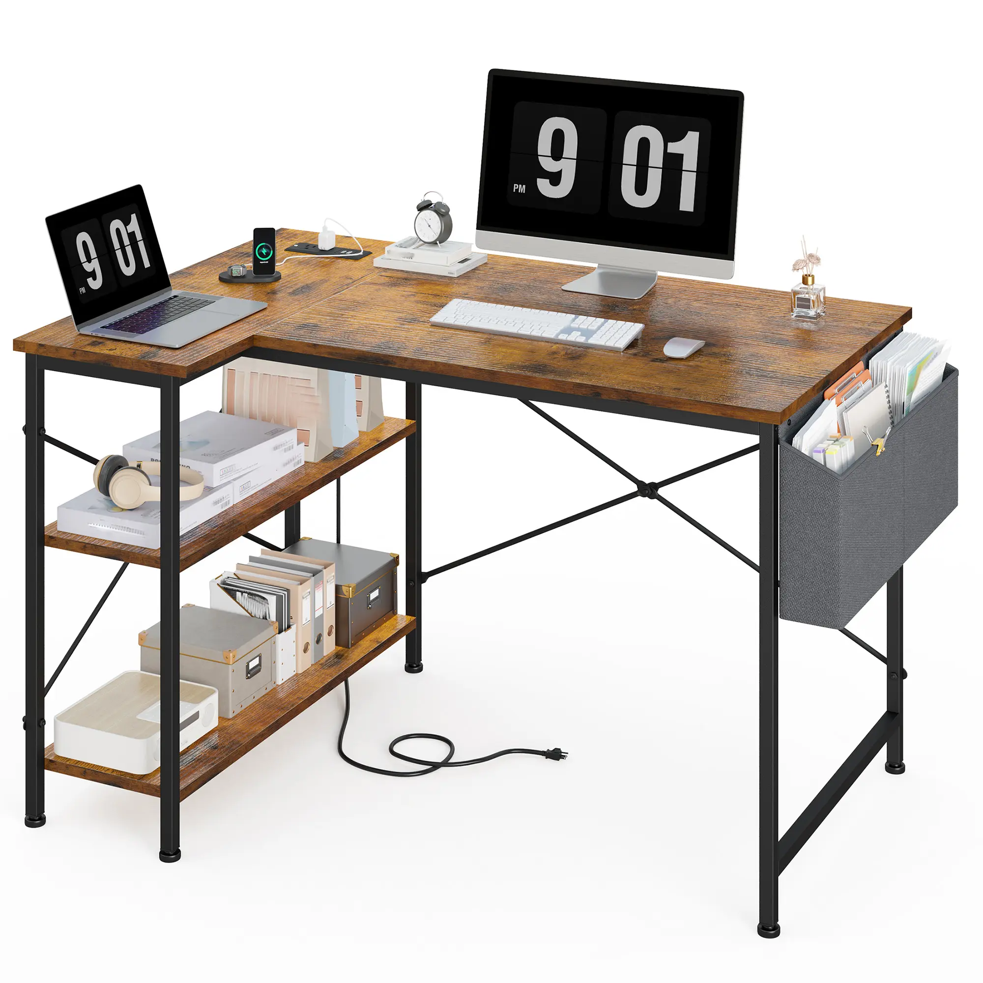【Clearance-Back to School】47‘’ L-Shaped Gaming Desk for small space,Computer Desktop with Power Outlets & USB Ports, Reversible Corner Table, Side Shelves Bag for Home Office Use & Space-saving, Children's Study Desks, Commercial Desks,Compact Office Desk