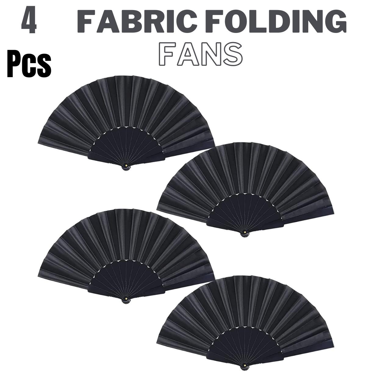 Black Folding Hand Fans Fabric Fans Chinese Japanese Style Summer Handheld Fan for Party, Wedding, Gifts, Wall Decoration,Photographic Props (Black-4pcs)