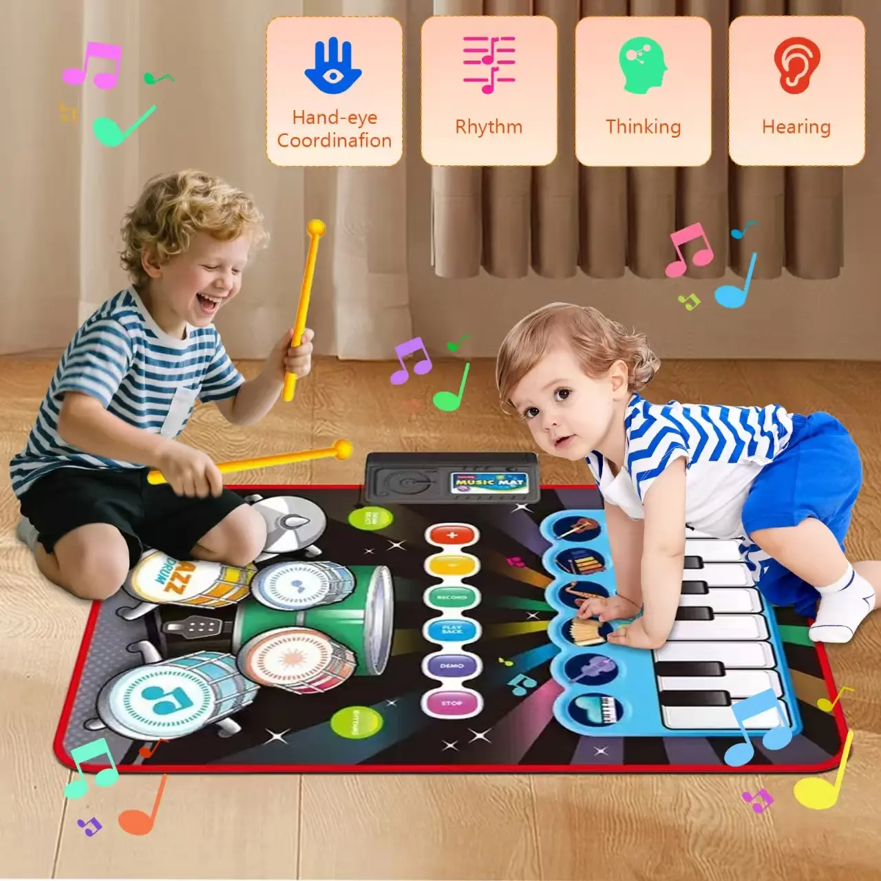 2-in-1 Musical Mat Baby Toy for Ages 1-5 Yrs, Foldable Waterproof Piano Keyboard & Drum Set with 2 Drumsticks, Safe Non-Toxic Durable Early Education Toy for Hand-Eye Coordination & Rhythm Development (Boys & Girls Gift), Baby Toys