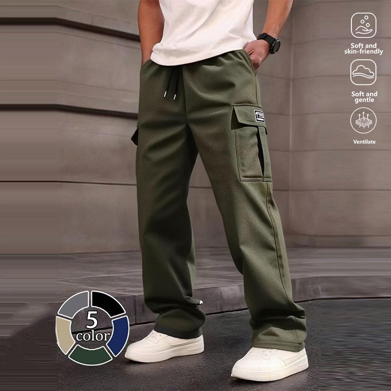 Clean Gent 3-piece men's solid color multi-pocket straight overalls, regular version casual fashion and comfortable outdoor trousers, men's bottoms for daily wear, drawstring waist pants