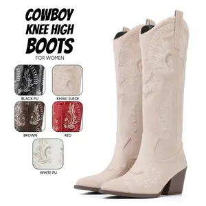Cowboy Boots for Women Knee High Boot Embroidered Pointed Toe Chunky Block Heel Suede Pull On Comfy Wide Calf Party Country Wedding Festival Riding Retro Classic Western Cowgirl Long Tall Shoes