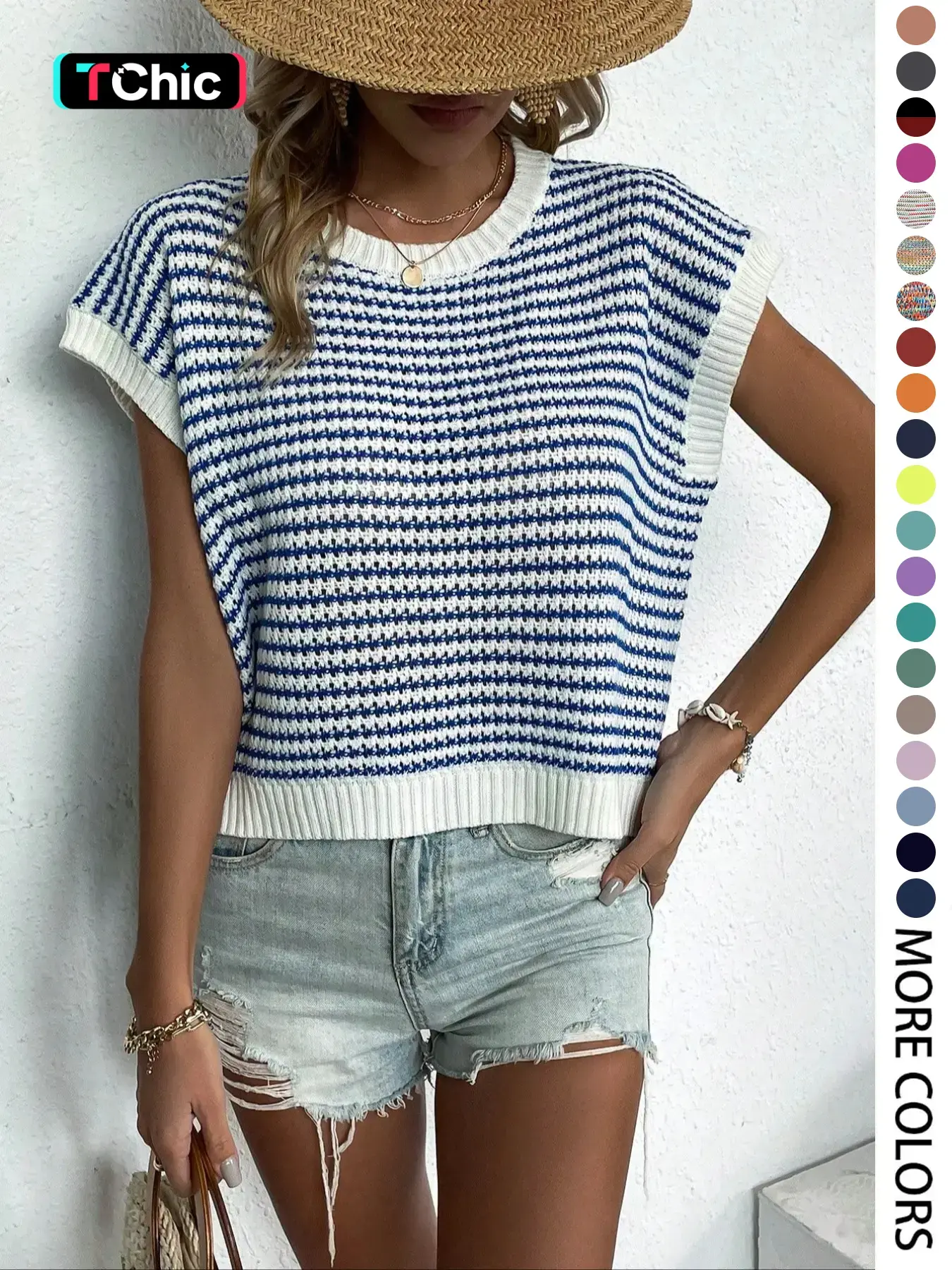 Women's Elegant Striped Knitted Aesthetic Vest Top for Summer, Fashion Versatile Round Neck Cap Sleeve Casual Oversized Loose Fit Knitwear, Womenswear