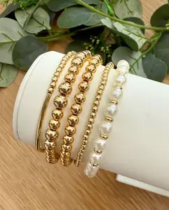 14k Gold Filled Stacking Bracelets: Pearl Beads, Adjustable Sizes