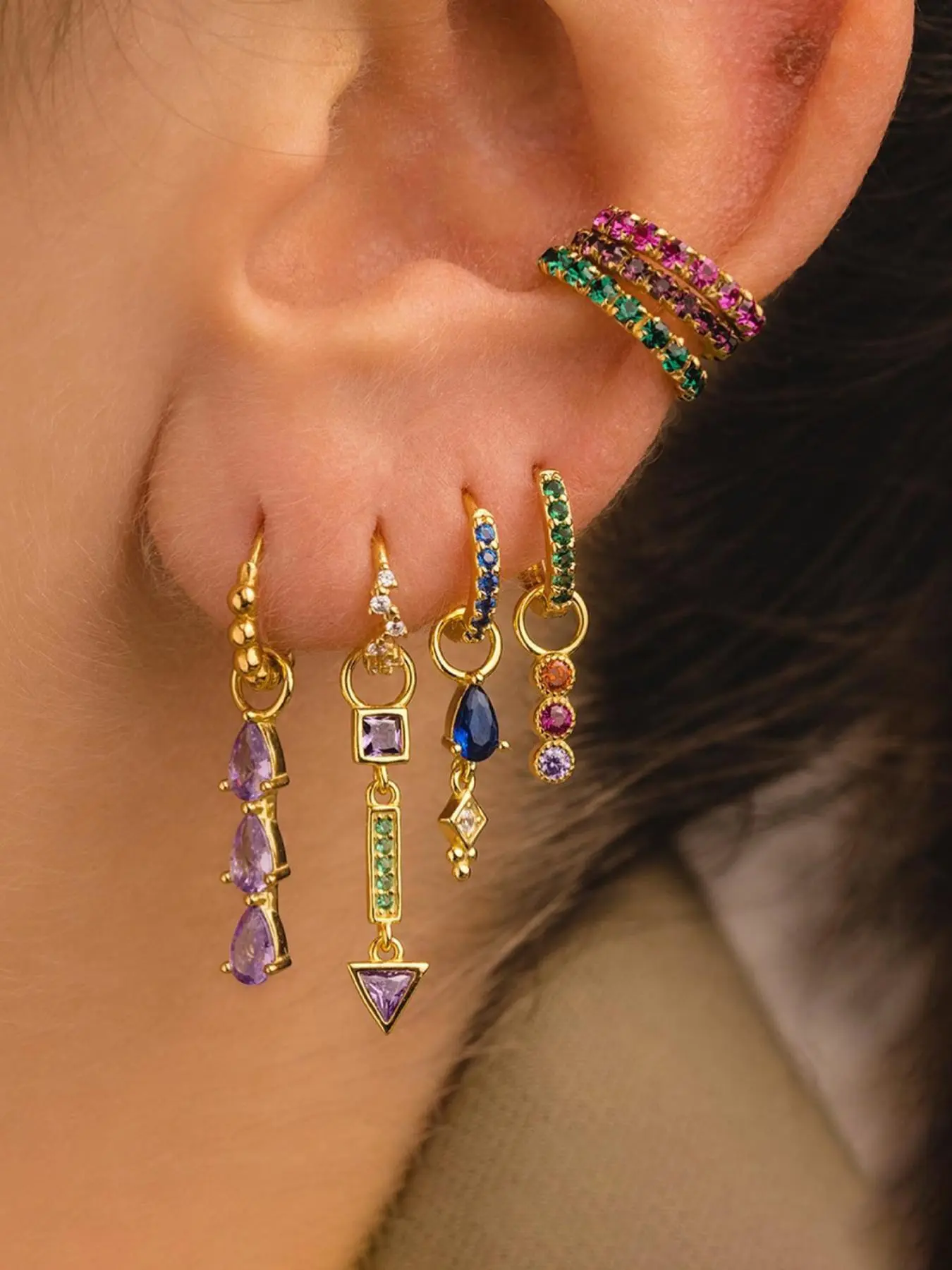 7-Piece Set Style Colorful Zircon Earrings, Retro Fringe Chain Jewelry, Perfect Gift for Women, Fashion Accessories, Vintage Earrings