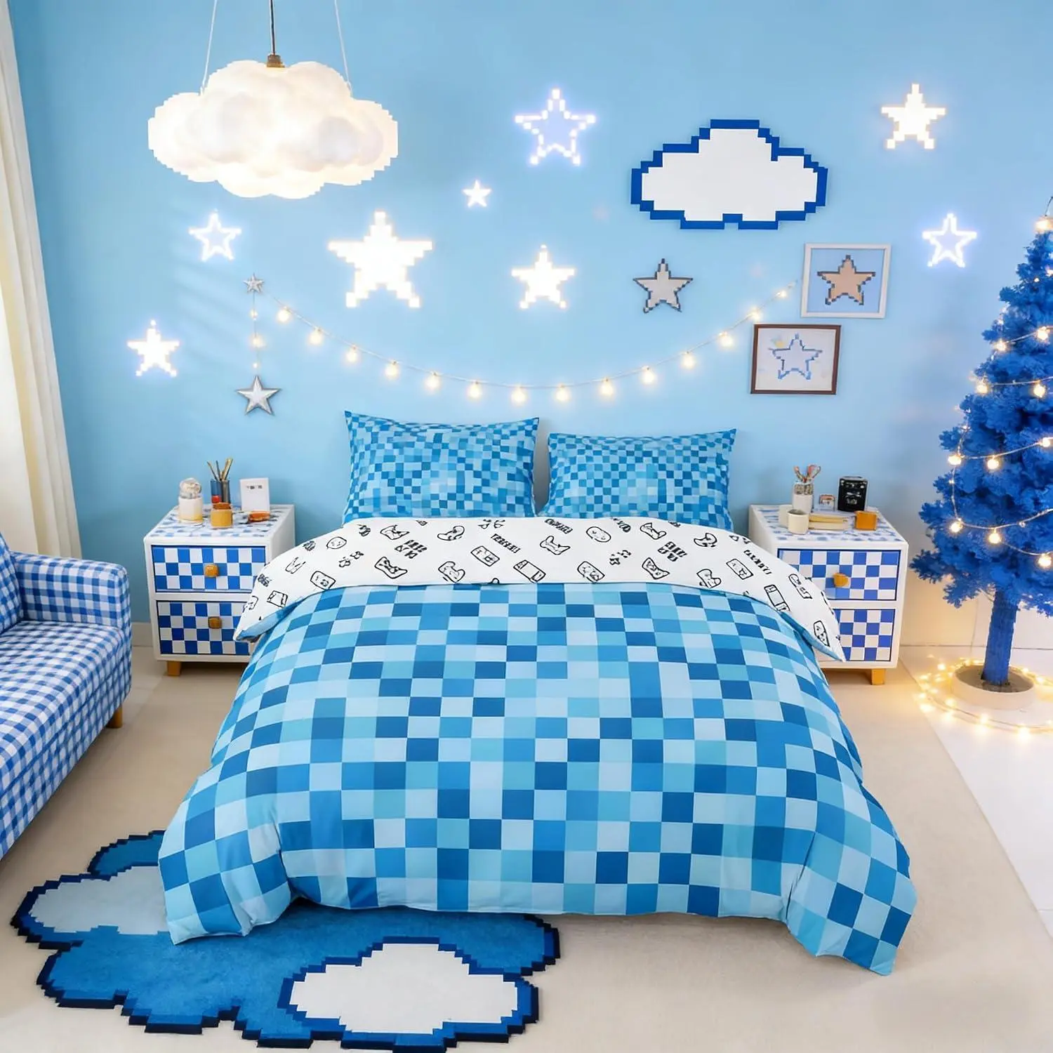 Pixelated Miners Theme Duvet Cover Set,Geometric Check Video Games Bedding Set for Bedroom Decor,Gamepad Camo Grid Bedding,Blue Quilt Cover,Not Comforter